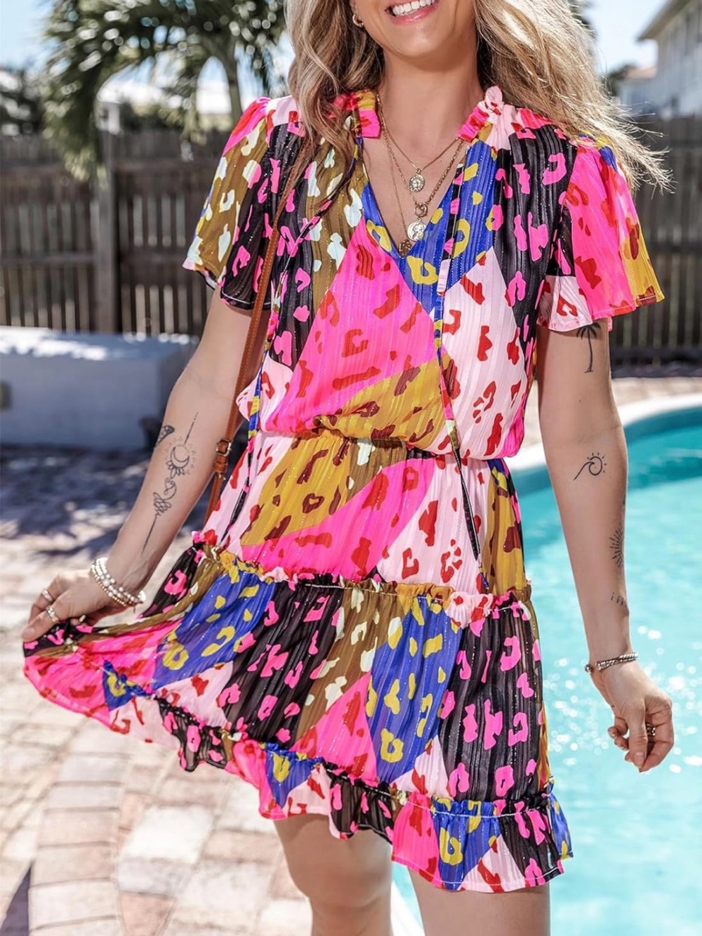 Vibrant Multi-Color Leopard Print Ruffle Mini Dress